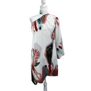 Peacock Print Asymmetric One Shoulder Choker Neck Mini Shift Dress White Multi L